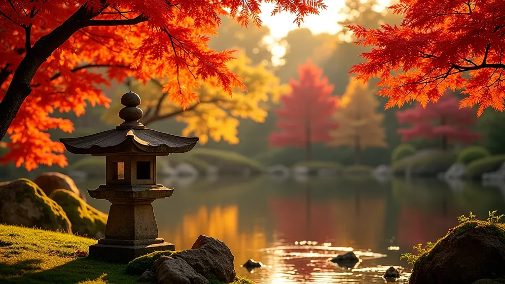 Japanese garden with vibrant autumn foliage, red and orange maple leaves, traditional stone features, pond reflecting colorful trees, golden afternoon light