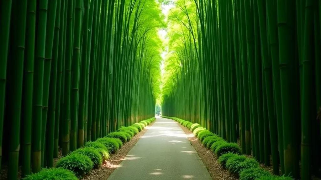 Tall bamboo stalks creating a natural tunnel pathway, dappled sunlight filtering through, peaceful garden clearing ahead