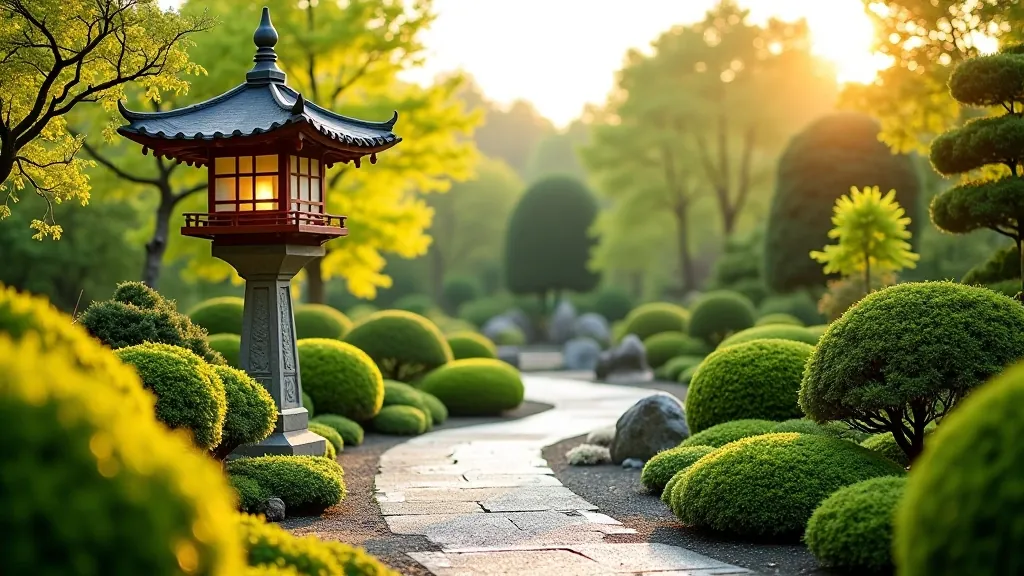 Serene Japanese garden with traditional elements and manicured landscape paths