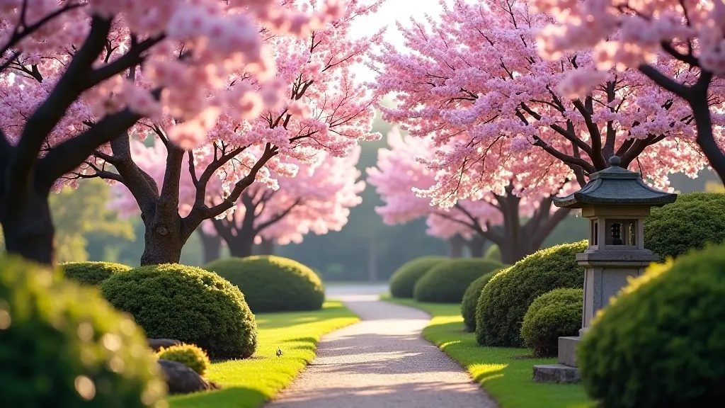 Cherry blossoms blooming in a traditional Japanese garden with stone lanterns in the background, soft morning light, fresh pink and white petals