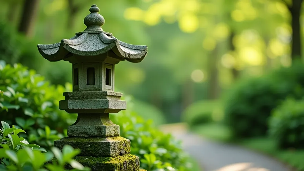 Close-up detail of Japanese garden stone lantern with moss and traditional plantings, demonstrating authentic design principles