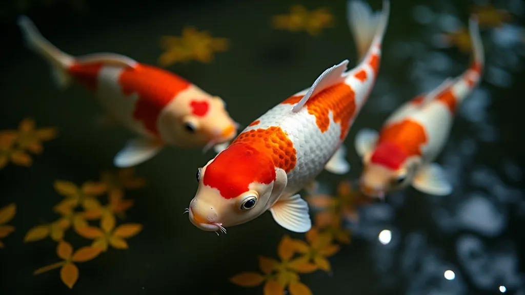 Close-up detail of multiple colorful koi fish swimming together in clear pond water with visible underwater plants