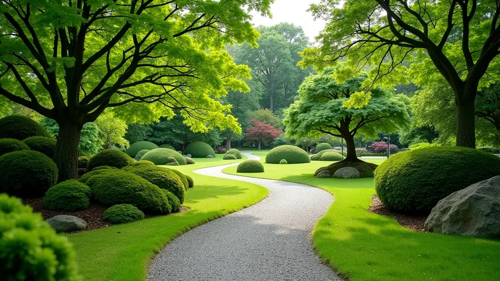 Balanced asymmetrical composition of garden elements and pathways