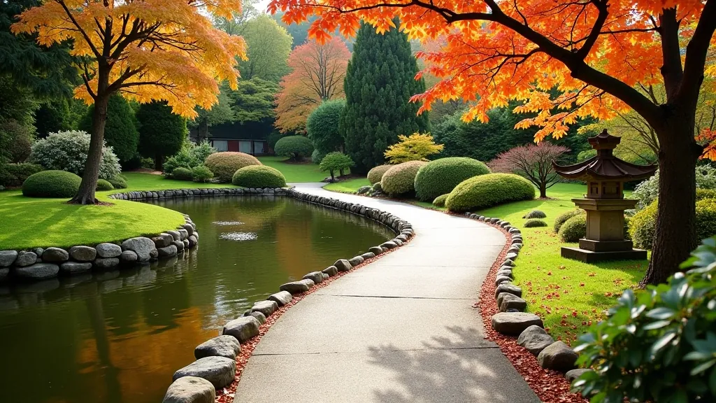 Scenic waterside path with ornamental koi pond, stone lantern on the bank, autumn-colored trees reflected in water