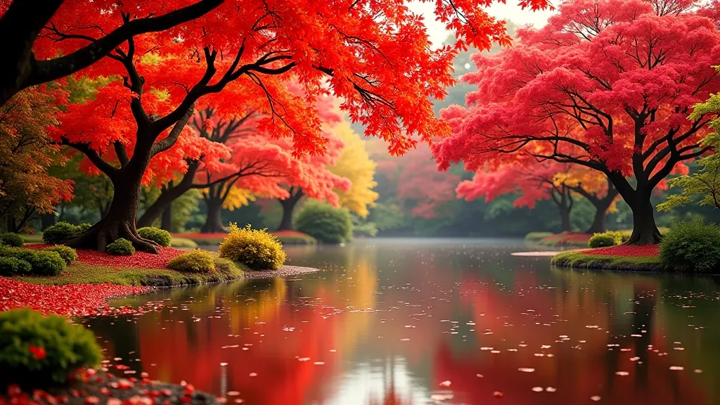 Japanese maple trees with brilliant autumn red foliage overhanging the pond with fallen leaves floating on water surface