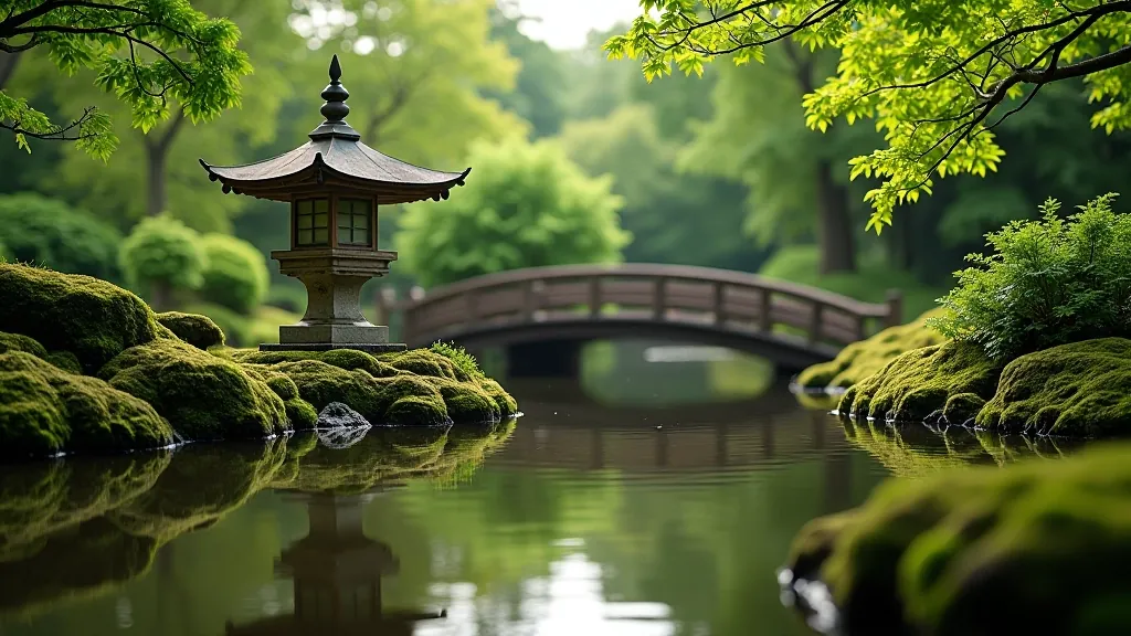 Peaceful water feature with smooth stones and reflection of garden elements