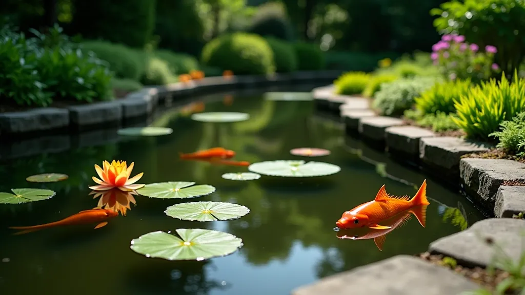 Serene water feature with koi pond in Japanese garden setting, reflective surface, surrounding plants and rocks creating peaceful atmosphere