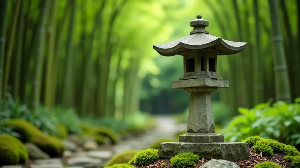 Stone lantern in a peaceful Japanese garden with moss-covered ground and bamboo backdrop
