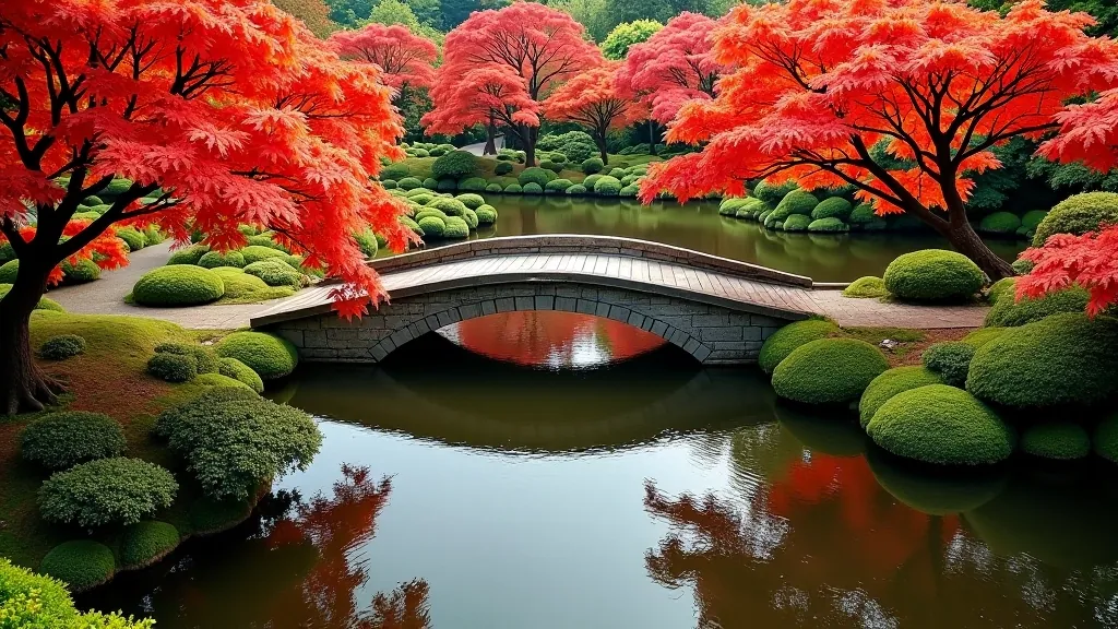 Wide view of the main koi pond at the Stud with stone bridge and overhanging Japanese maple trees
