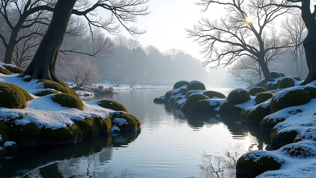 Minimalist winter Japanese garden with frost-covered moss and stones, bare branches, subtle frost patterns, clear cold morning light, peaceful solitude